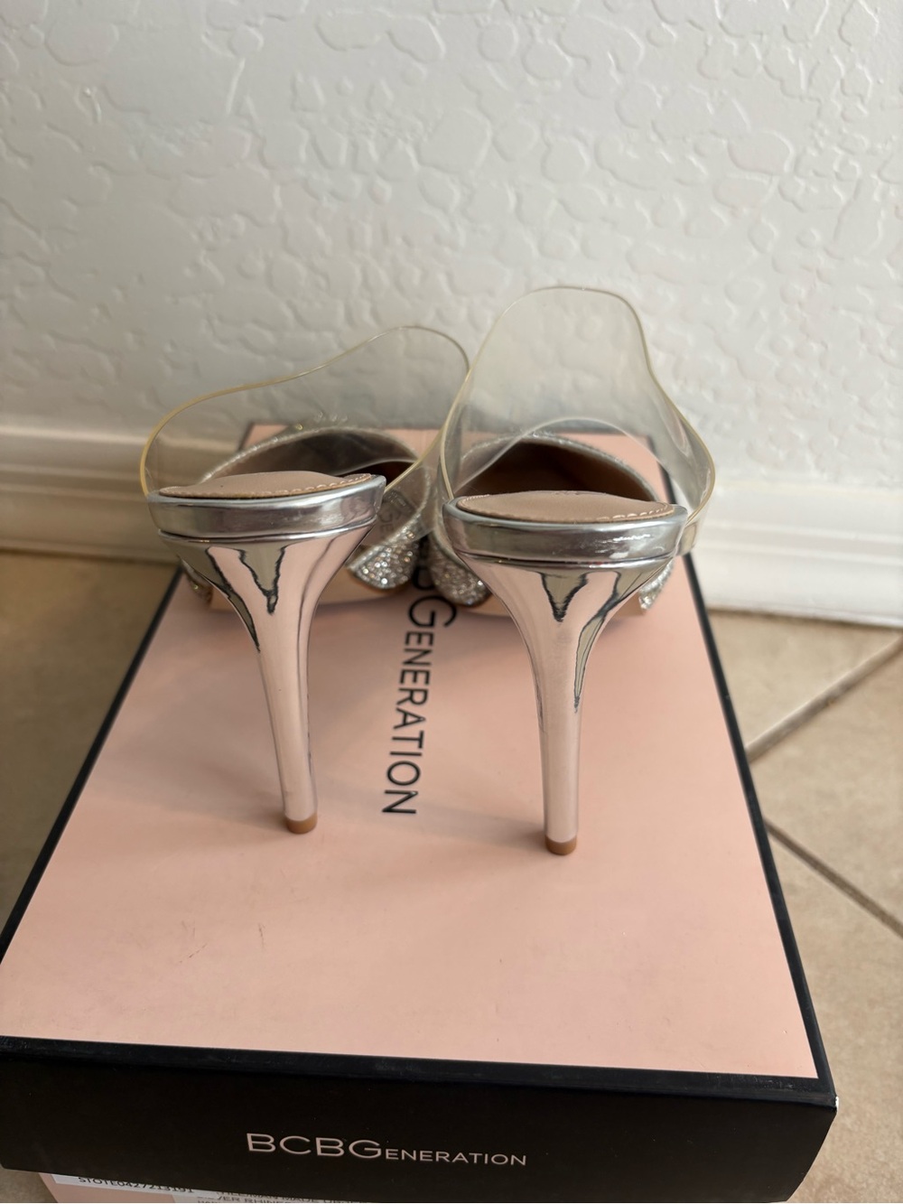 BCBGeneration Harlina Silver Rhinestone Clear Strap Stiletto Heels Size 6.5 - Picture 3 of 10